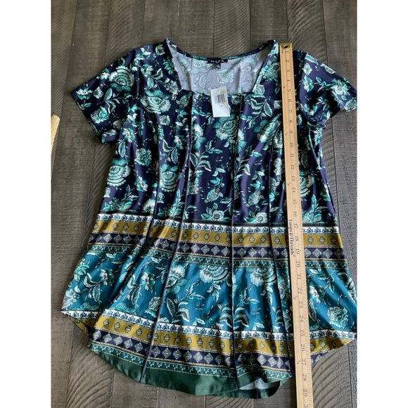 Sami & Jo Plus Floral Boho Top Navy Teal Mustard Short Sleeve 1X NWT - Picture 3 of 7